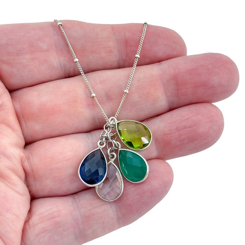 Vintage Sterling Silver 925 Blue Green Glass Teardrop Pendant Necklace 16"
